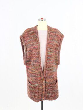 Vintage CHRISTIAN DIOR Red Marled Wool Knit Oversized V-Neck Cardigan, Size L